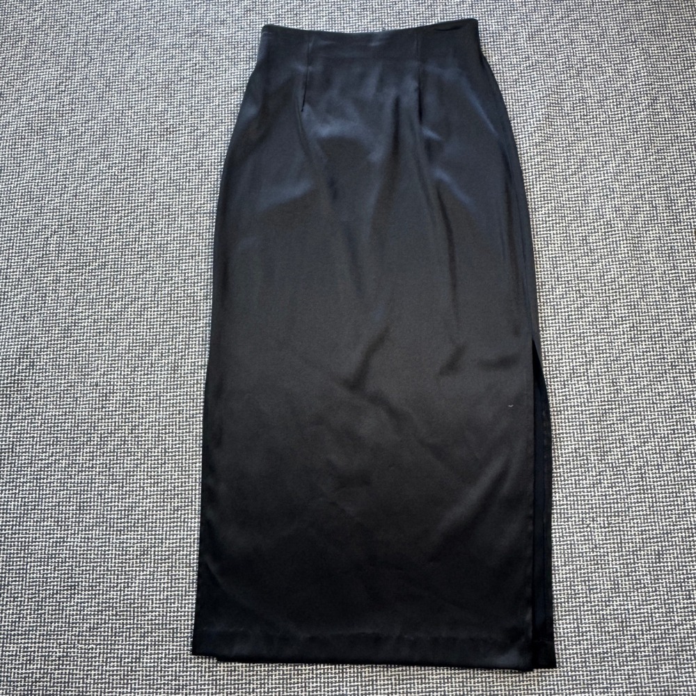 Vintage Black Satin Maxi Skirt High Waisted Side Slit Minimalist 90s Style 27W